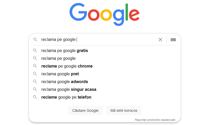 Predictii Google pentru cautarea "Reclama pe Google"