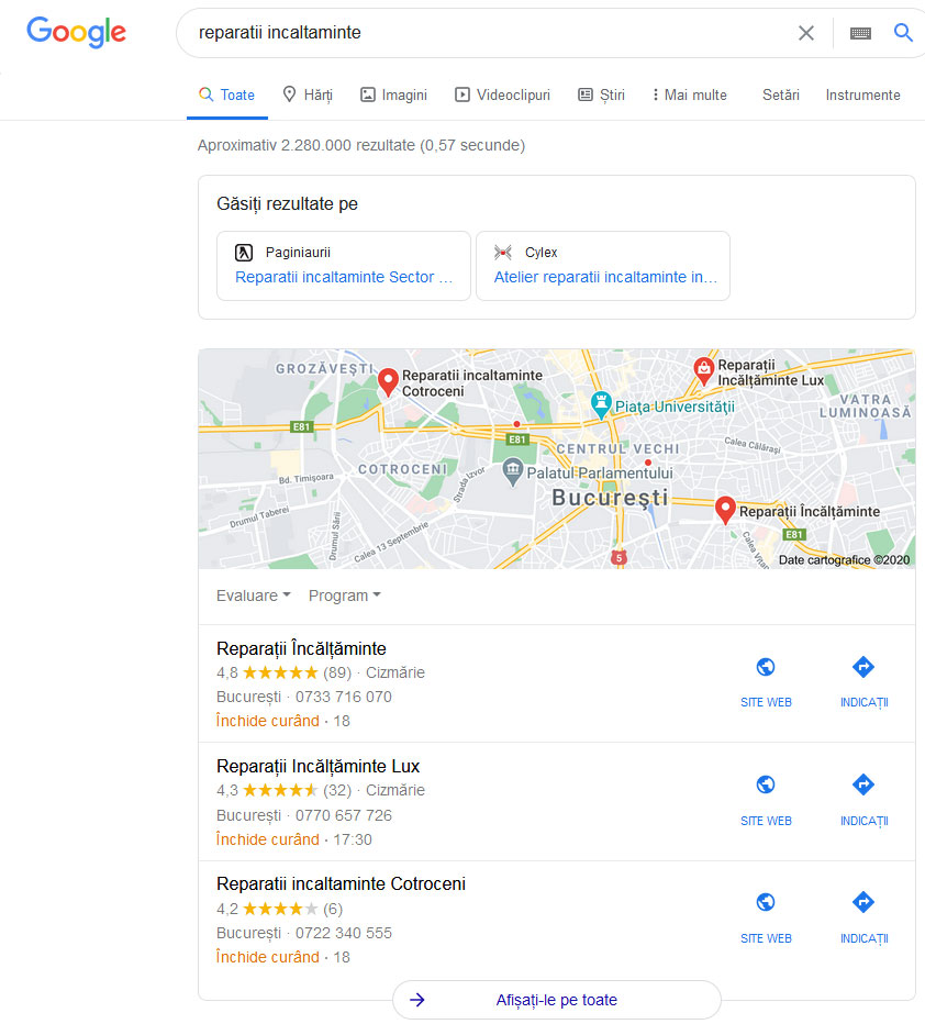 Rezultatele afisate pe Harta Google pentru cautarea "reparatii incaltaminte"