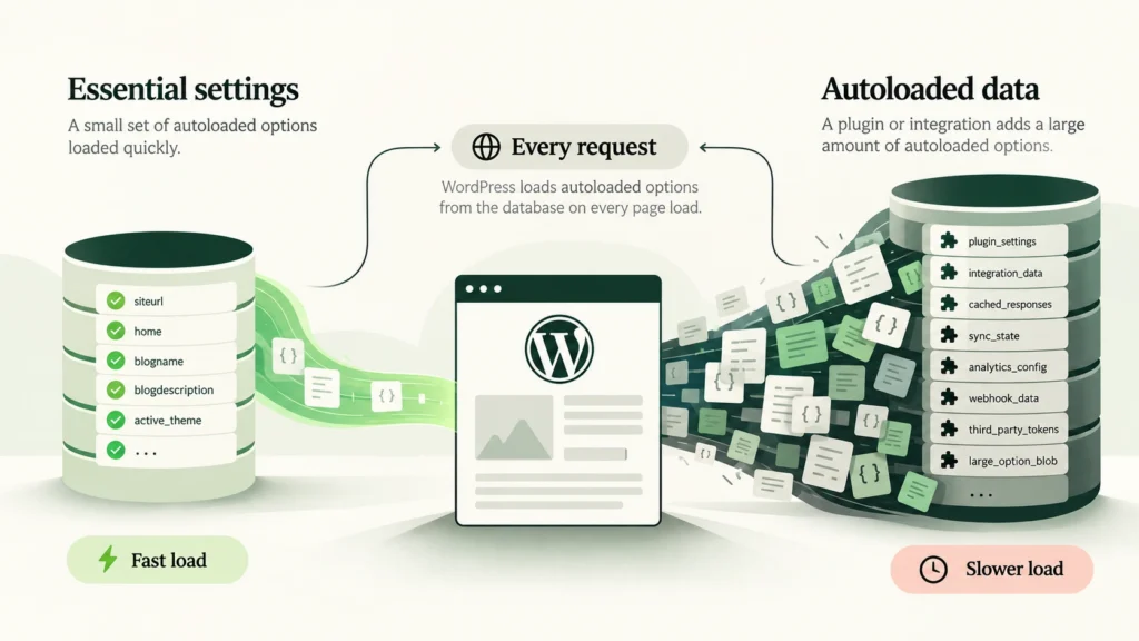 Illustration comparing essential WordPress settings with excessive autoloaded data that slows down page loads.