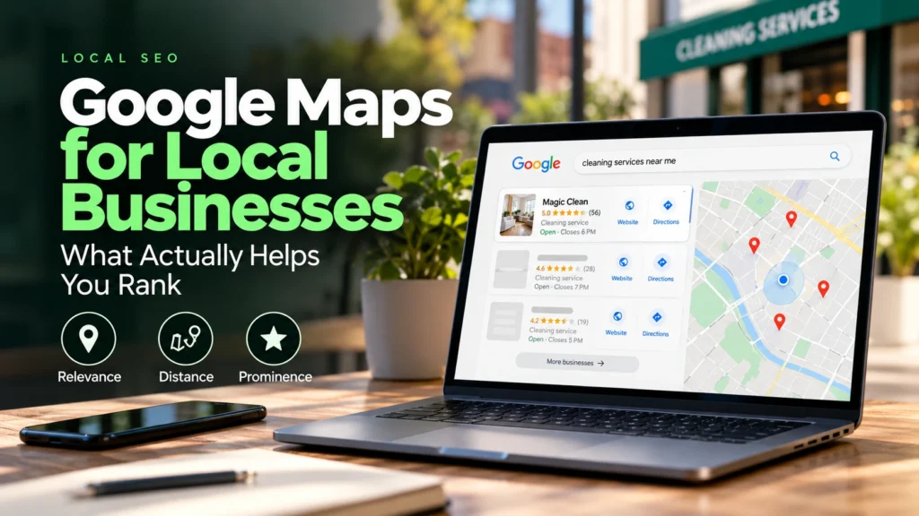 Illustration showing the main Google Business Profile optimization priorities, including relevance, distance, reviews, website quality and business information.