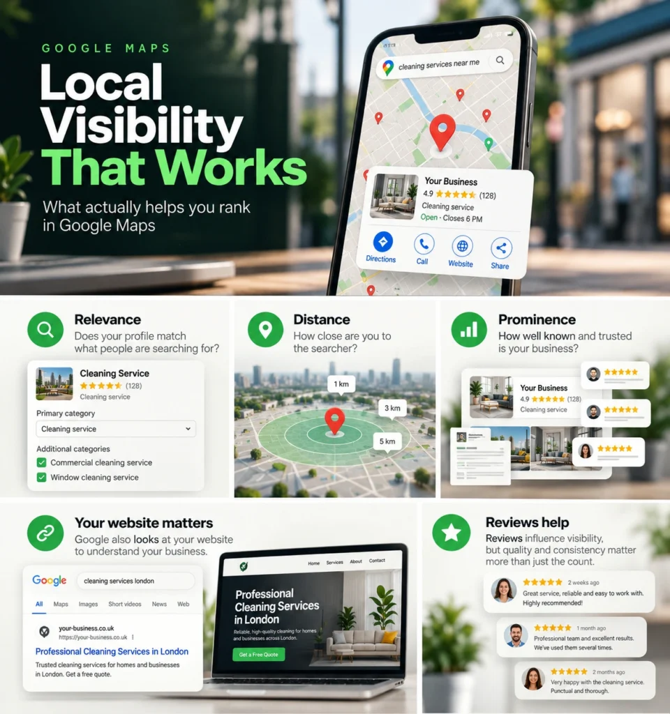 Illustration comparing a real storefront, a service-area business and an ineligible virtual office for Google Business Profile.