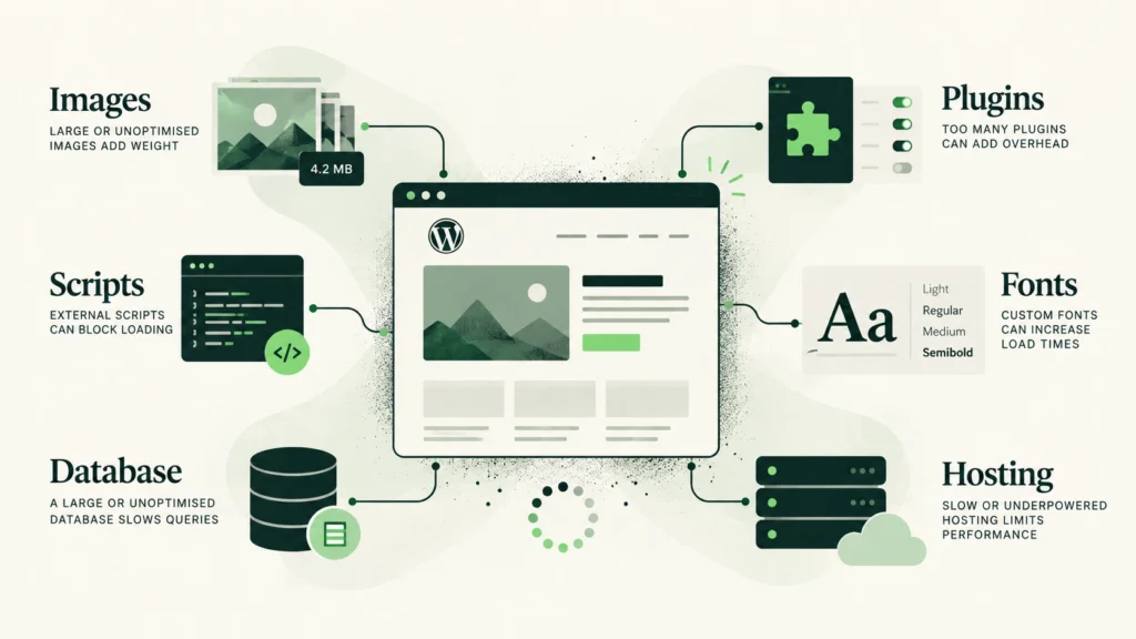 Illustration showing the main factors that slow down a WordPress site: images, plugins, scripts, fonts, database and hosting.