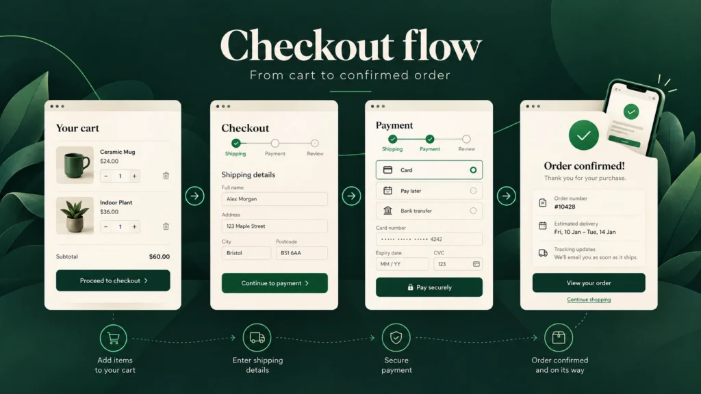 Illustration showing a WooCommerce checkout flow from cart and shipping details through payment to a confirmed order.