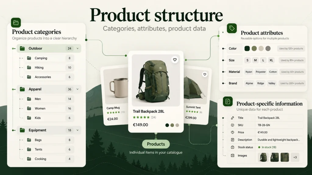 Illustration showing the difference between WooCommerce product categories, reusable attributes and product-specific information.