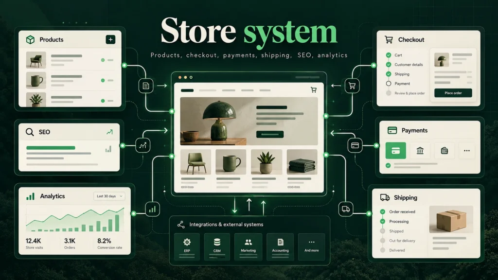 Illustration showing a WooCommerce store connected to products, checkout, payments, shipping, SEO, analytics and external integrations.