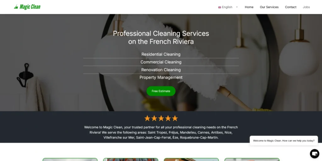 Magic Clean multilingual WordPress website for cleaning services on the French Riviera