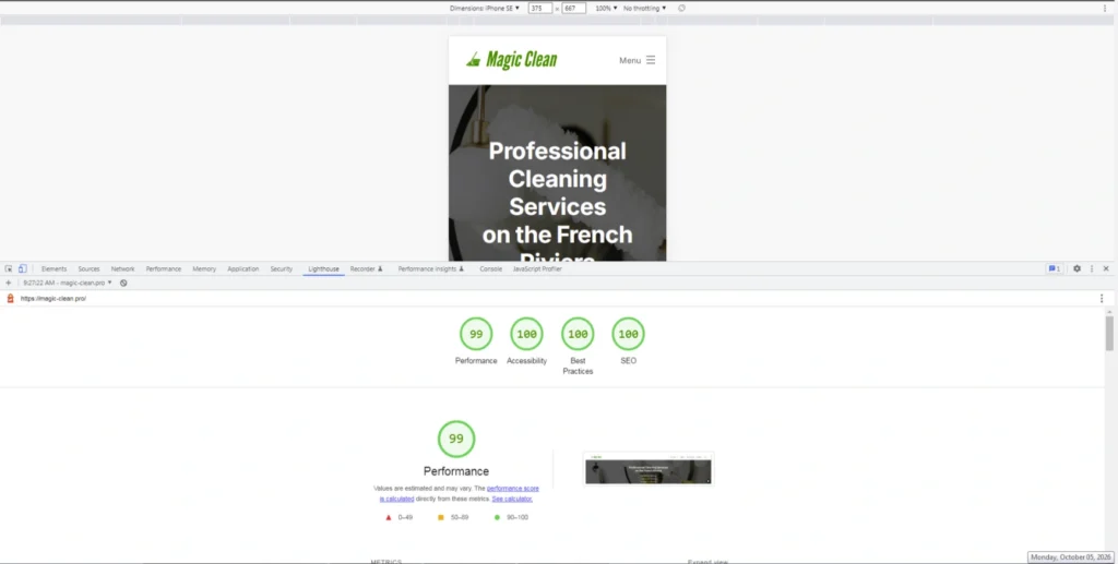 Lighthouse performance test for the Magic Clean WordPress website showing scores of 99 for Performance and 100 for Accessibility, Best Practices and SEO.