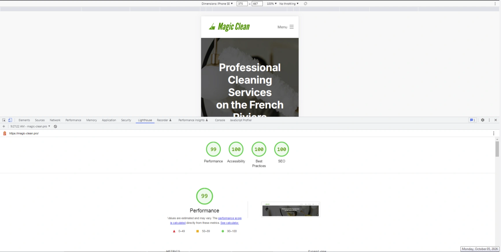 Lighthouse performance test for the Magic Clean WordPress website showing scores of 99 for Performance and 100 for Accessibility, Best Practices and SEO.