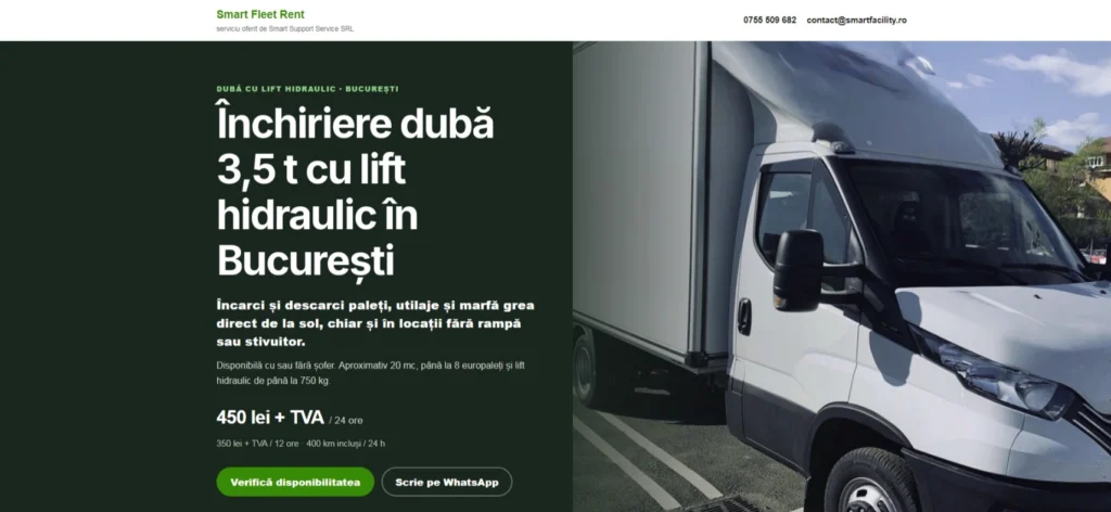 Smart Fleet Rent service landing page for van rental in Bucharest
